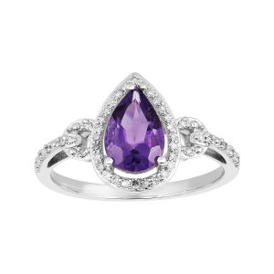 14k white gold pear shaped amethyst halo diamond ring front view