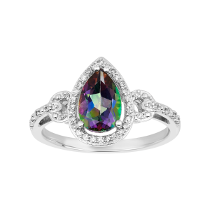 14k white gold pear shaped mystic topaz halo diamond ring front view