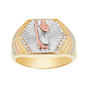 14k gold tri colored diamond cute design st. jude ring with cubic zirconia front view
