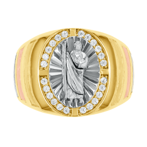 14k tri color gold cubic zirconia st. jude ring front view