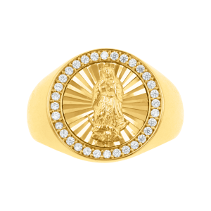 14k yellow gold diamond cut our lady of guadalupe ring front view