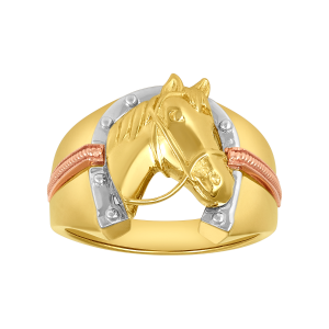 14K Tri Color Gold Horse and Horseshoe Men's Ring