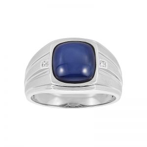 Mens 14k White Gold Blue Star Sapphire with Diamond Accent Ring