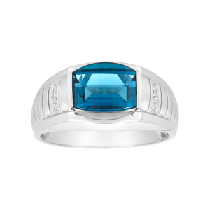 14k white gold men's ring with barrel cut london blue topaz front view