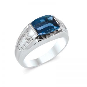 Mens 14k White Gold Ring with Barrel Cut London Blue Topaz and Pavé Diamonds