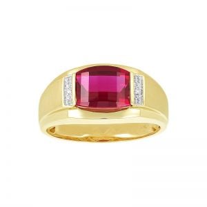 Mens 14k Yellow Gold Ring with Barrel Cut Ruby front view