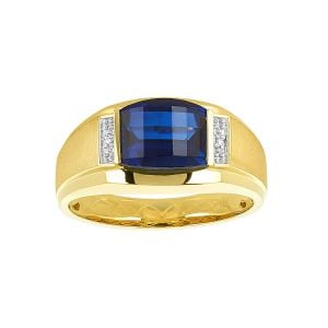 14k yellow gold men's ring with barrel cut sapphire front view