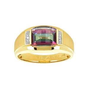14k yellow men's gold ring with barrel cut mystic fire topaz front view