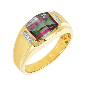 Mens 14k Yellow Gold Ring with Barrel Cut Mystic Fire Topaz 