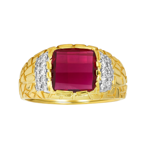 14k yellow gold garnet nugget with diamond accent ring front view