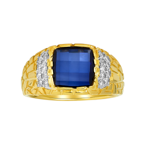14k yellow gold sapphire nugget with accent diamond men's ring front view