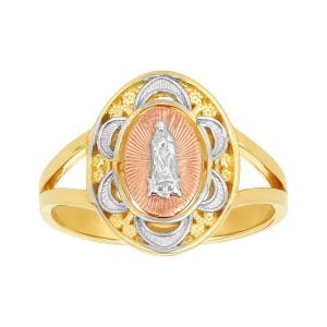 14k tri color gold oval guadalupe lace design ring front view