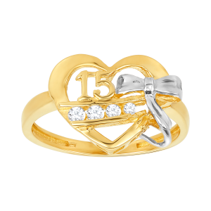 14K Two Tone Heart and Bow Quinceañera Ring