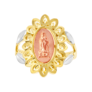 14k two tone lady of guadalupe pedal edge ring front view