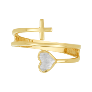 14k two tone gold cross and heart wrap ring front view
