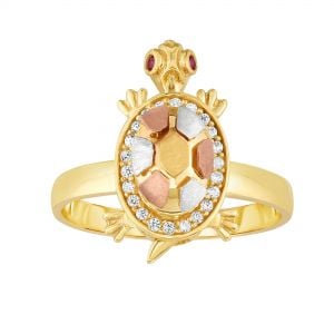 14k tri-color cubic zirconia turtle ring front view