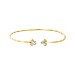 14k yellow gold bangle bracelet with blue topaz stones front view