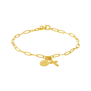 14k yellow gold cross and lady of guadalupe bracelet front image