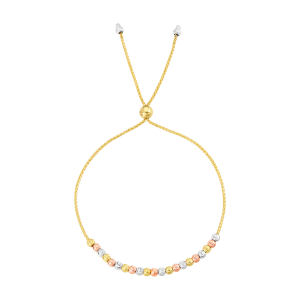 14k tri-color gold moon cut bead adjustable bolo bracelet top view