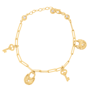 14k Yellow Gold Open Link Lock and Key Ladies Charm Bracelet 
