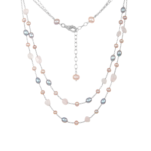 Silver Quartz, Pink and Grey Pearl Necklace