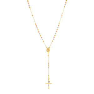 14K Tri Color Gold 3mm Fancy Beaded Diamond Cut Rosary