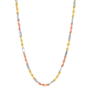 14k gold tri color 4mm figarope chain hanging view