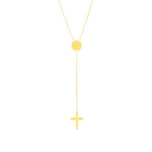 14k yellow gold engravable cross lariat necklace front view