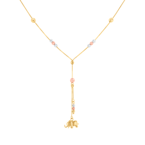 14k tri color diamond cut bead elephant lariat necklace close up view