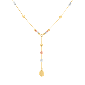 14K Tri Color Diamond Cut Bead Virgin Mary Lariat Necklace