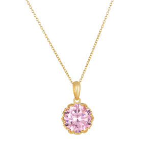 14k yellow gold pink topaz necklace up close