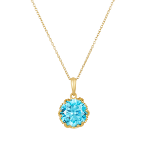 14k yellow gold blue zirconia necklace up close