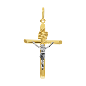 14K Two Tone Gold Tube Crucifix Pendant