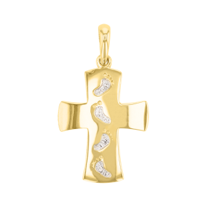 14k gold two tone high polish footprint cross front view
