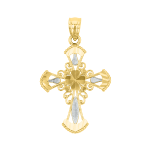 14k gold two tone fanned edge cross front view