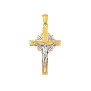 14k gold two-tone starburst crucifix front view