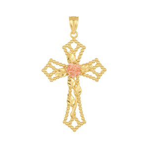 14k gold tri-color beaded cross with rose front view