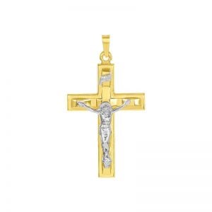 14k gold two-tone wave back crucifix front view