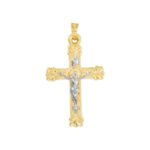 14k gold two tone leaf ends crucifix front view