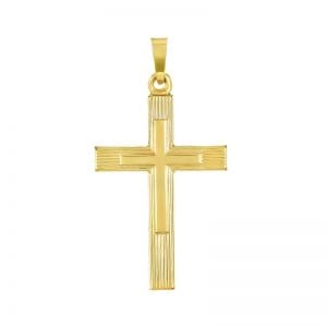 14k yellow gold engine turned cross front view