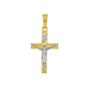 14k gold two-tone ribbed crucifix pendant front view