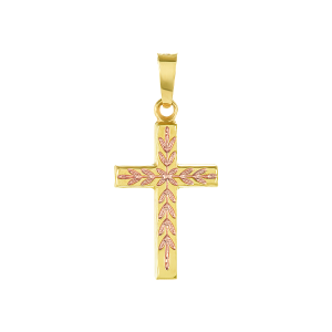 14k gold two tone leaf pattern cross front view