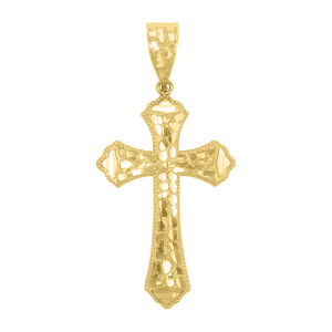 14k yellow gold nugget style cross front view