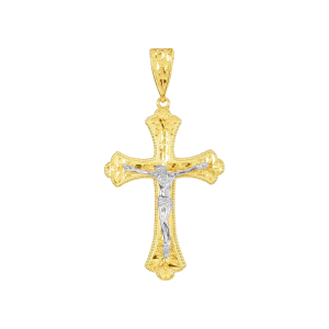 14k gold two tone diamond cut nugget crucifix front view