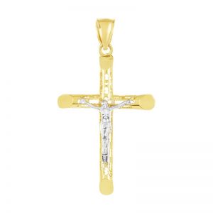 14k gold two-tone perforated crucifix front view