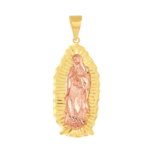 14k two tone gold lady of guadalupe medal front view
