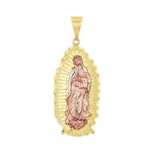 14k two tone gold lady of guadalupe medal front view
