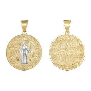 14k two tone gold st. benedict round medal 24mm front and back view  