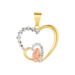 14k gold tri colored diamond cut lady of guadalupe heart pendant front view