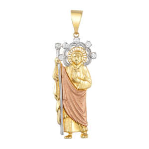 14k gold tri color 60mm st. jude medal with diamonds front view